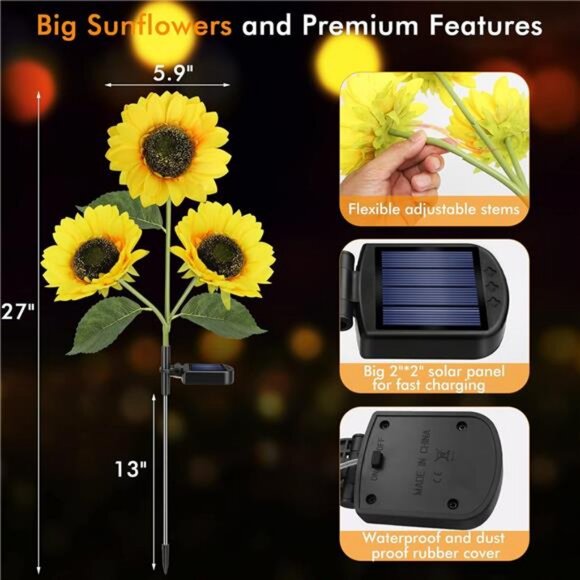 Solar Garden Light w Real Looking Flowers Outdoor Waterproof Solar Stake Lights - Picture 6 of 7